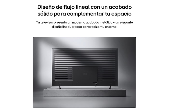 LG QNED AI QNED74 Mini LED is shown from the back, revealing a metallic rear panel with evenly spaced horizontal ridges that create a clean, structured look and emphasize the Linear Flow Design across the entire surface.